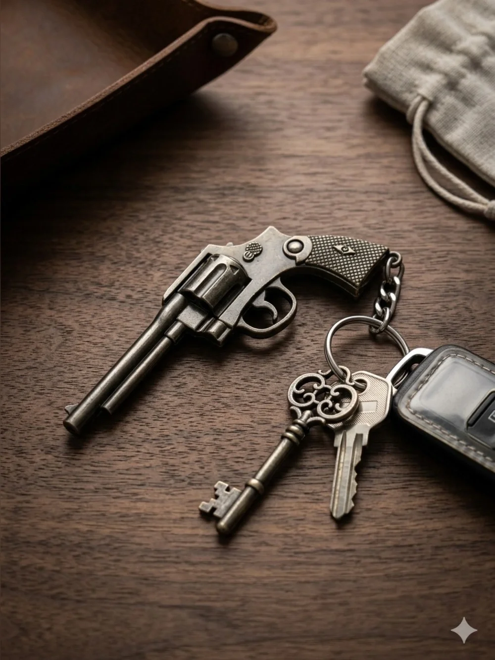 Vintage Revolver Keychain - Antique Silver Gun Keyring Backpack Charm